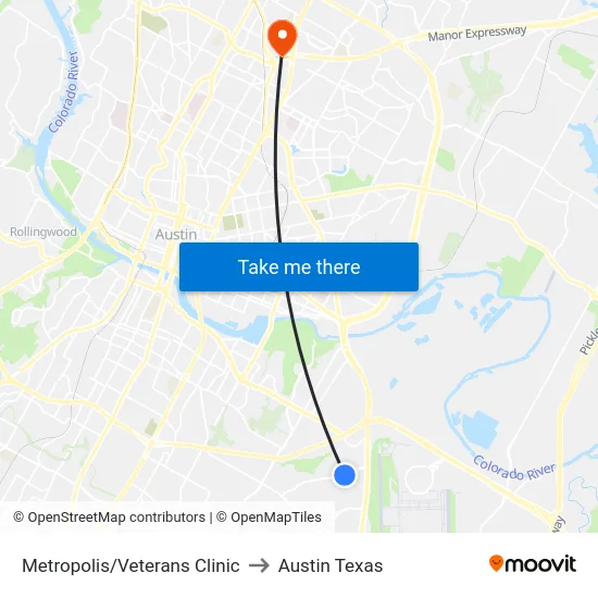 Metropolis/Veterans Clinic to Austin Texas map