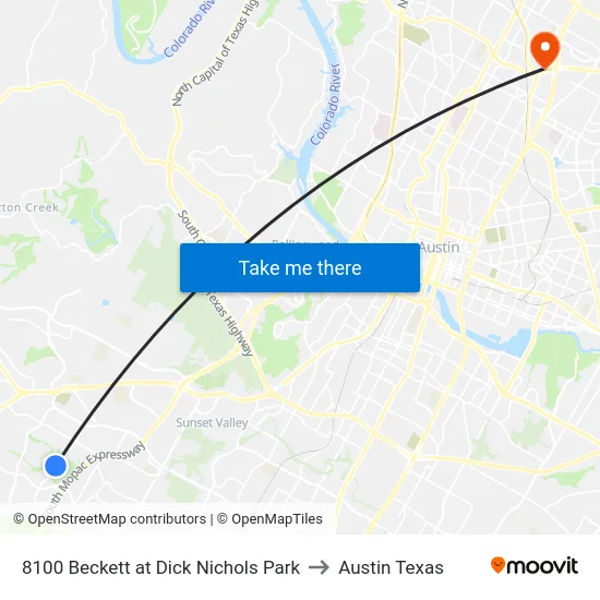 8100 Beckett at Dick Nichols Park to Austin Texas map
