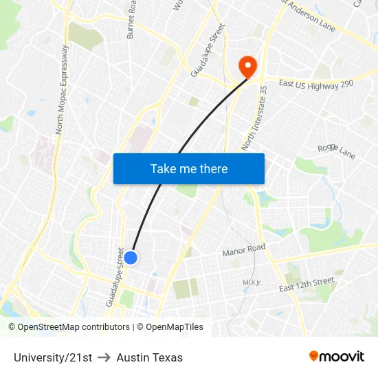 University/21st to Austin Texas map
