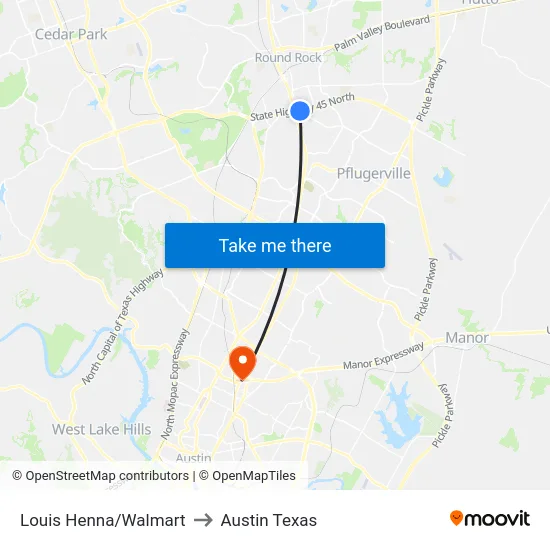 Louis Henna/Walmart to Austin Texas map