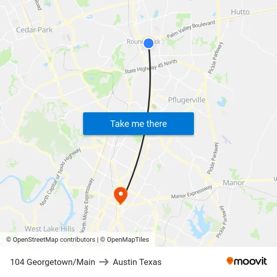 104 Georgetown/Main to Austin Texas map