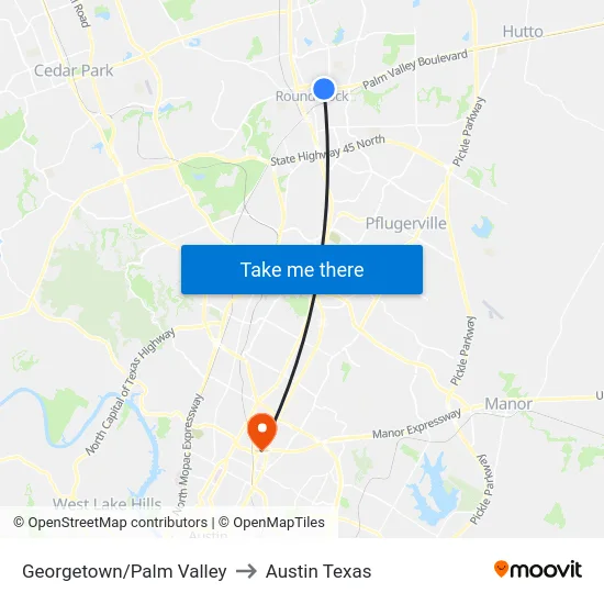 Georgetown/Palm Valley to Austin Texas map