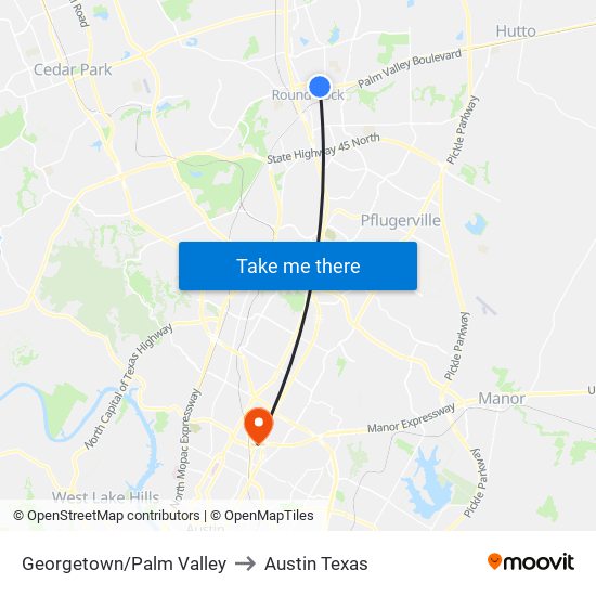 Georgetown/Palm Valley to Austin Texas map