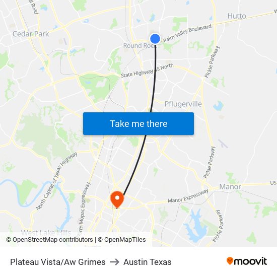 Plateau Vista/Aw Grimes to Austin Texas map