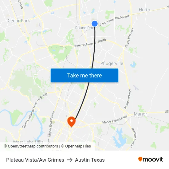 Plateau Vista/Aw Grimes to Austin Texas map