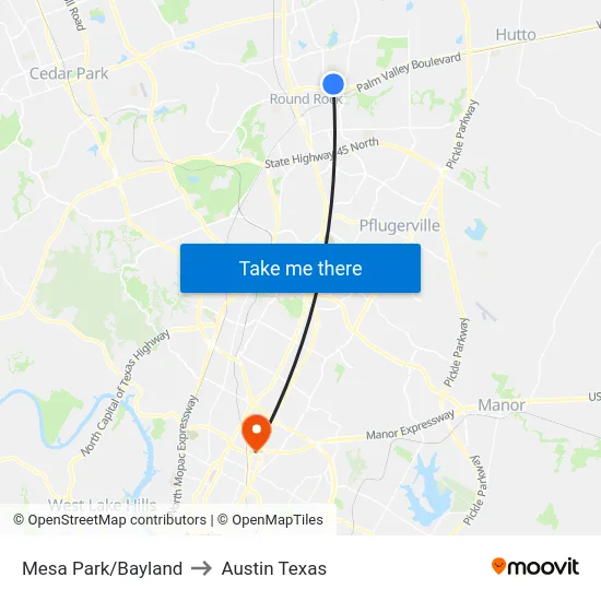 Mesa Park/Bayland to Austin Texas map
