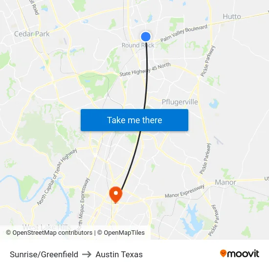 Sunrise/Greenfield to Austin Texas map