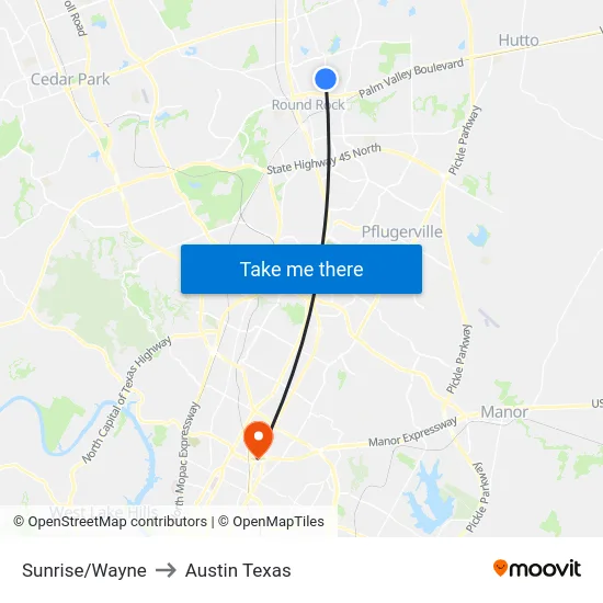 Sunrise/Wayne to Austin Texas map