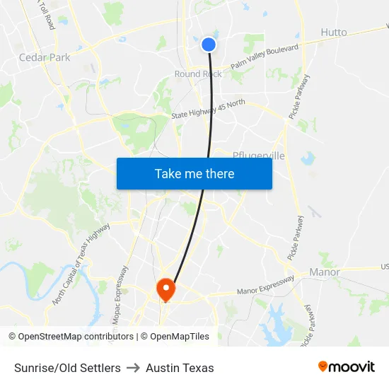 Sunrise/Old Settlers to Austin Texas map