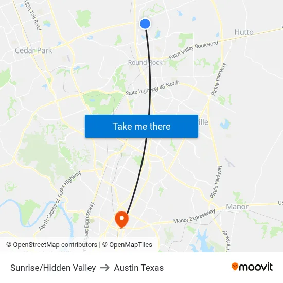 Sunrise/Hidden Valley to Austin Texas map