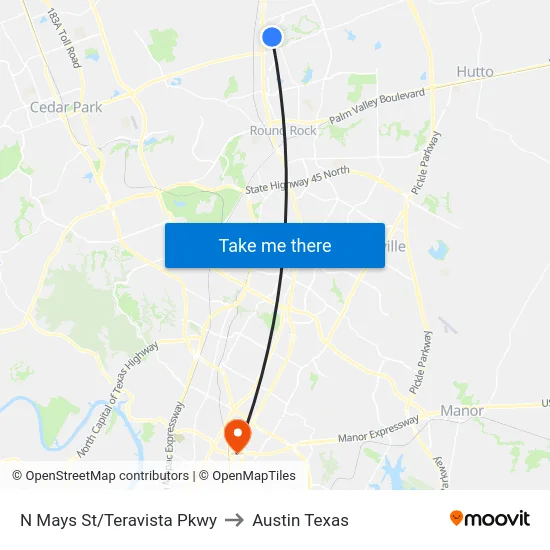 N Mays St/Teravista Pkwy to Austin Texas map