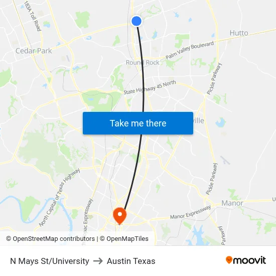 N Mays St/University to Austin Texas map