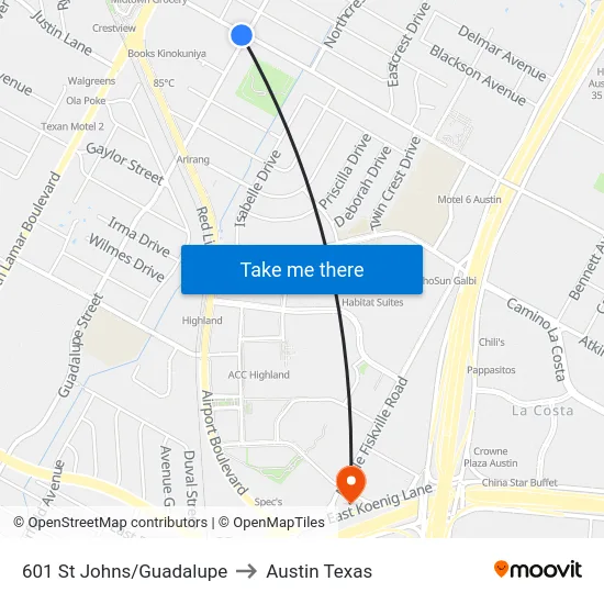 601 St Johns/Guadalupe to Austin Texas map