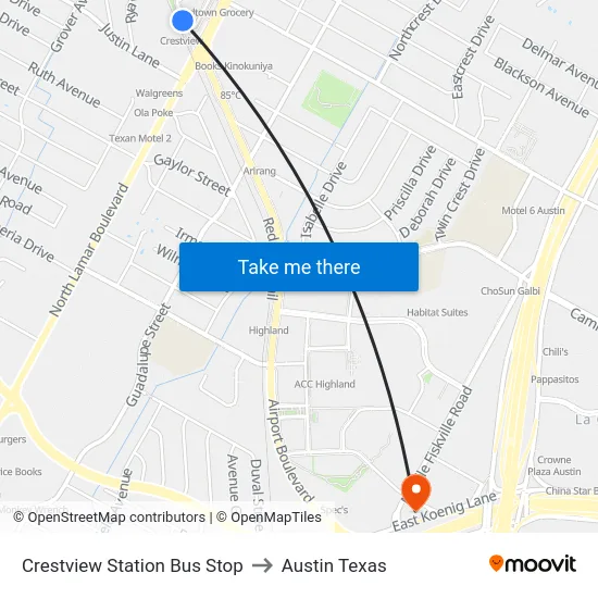 Crestview Station Bus Stop to Austin Texas map