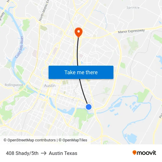 408 Shady/5th to Austin Texas map