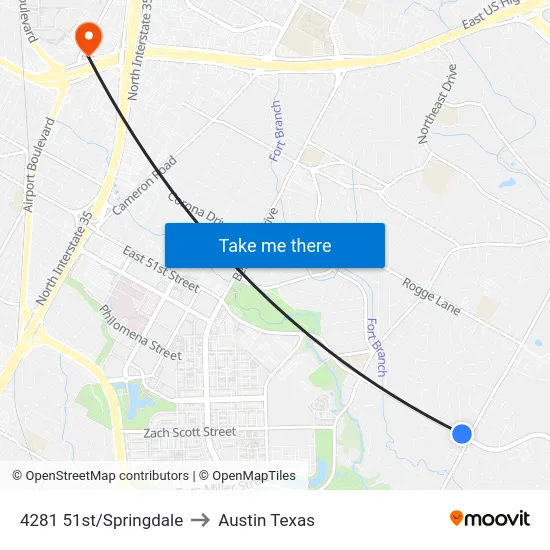 4281 51st/Springdale to Austin Texas map