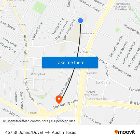 467 St Johns/Duval to Austin Texas map