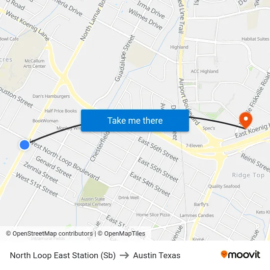 North Loop East Station (Sb) to Austin Texas map