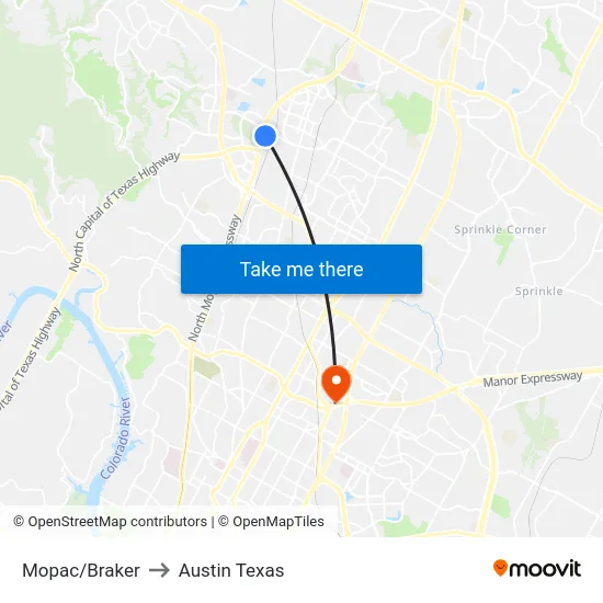 Mopac/Braker to Austin Texas map