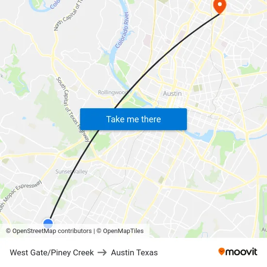 West Gate/Piney Creek to Austin Texas map