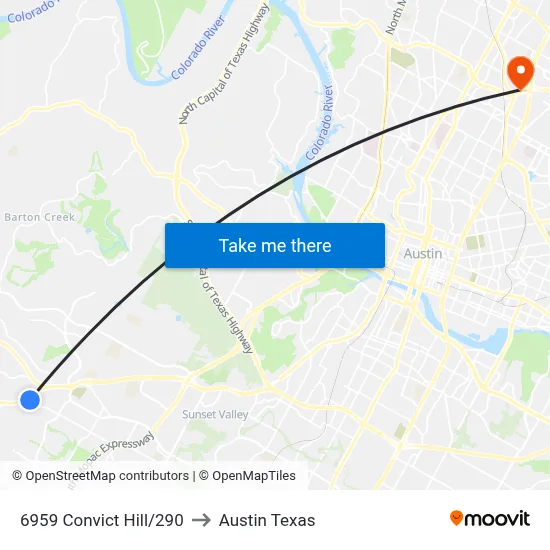 6959 Convict Hill/290 to Austin Texas map