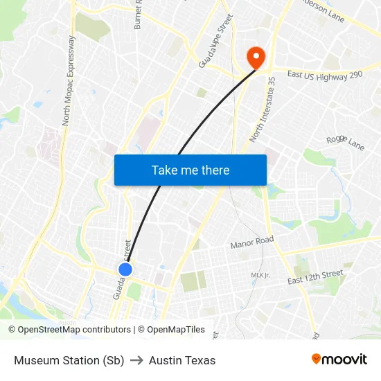 Museum Station (Sb) to Austin Texas map