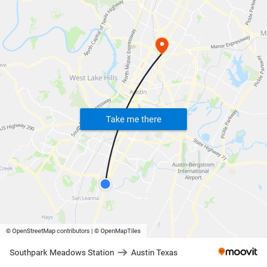 Southpark Meadows Station to Austin Texas map