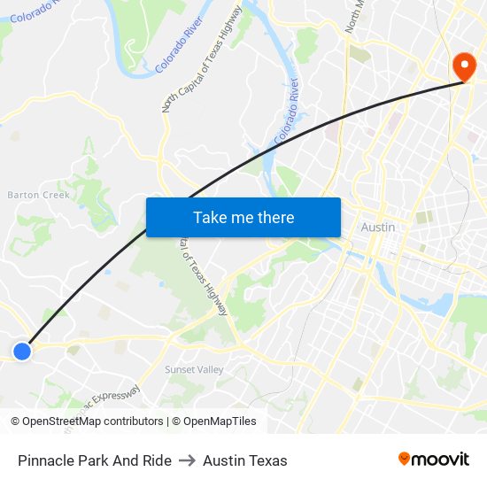Pinnacle Park And Ride to Austin Texas map