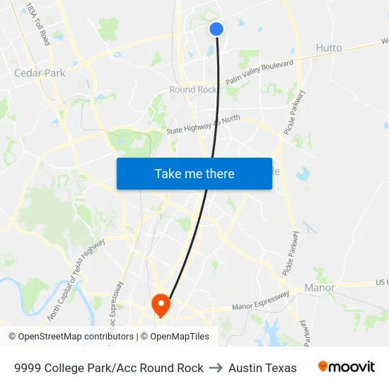 9999 College Park/Acc Round Rock to Austin Texas map