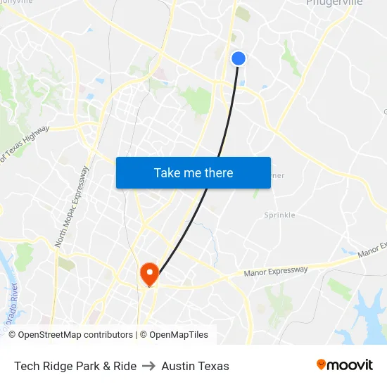 Tech Ridge Park & Ride to Austin Texas map