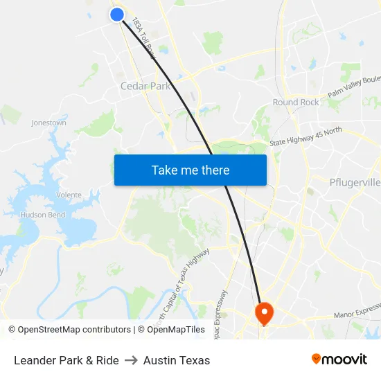 Leander Park & Ride to Austin Texas map