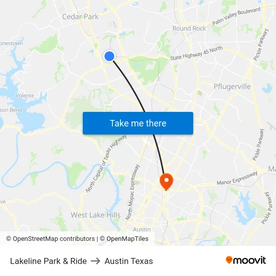 Lakeline Park & Ride to Austin Texas map