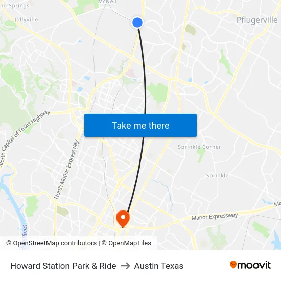 Howard Station Park & Ride to Austin Texas map