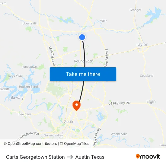 Carts Georgetown Station to Austin Texas map
