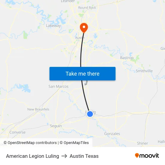 American Legion Luling to Austin Texas map