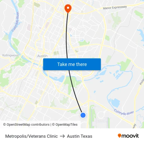 Metropolis/Veterans Clinic to Austin Texas map