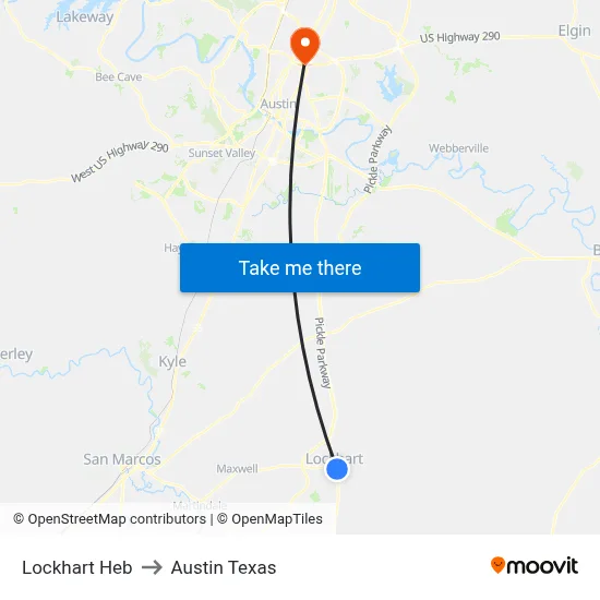 Lockhart Heb to Austin Texas map
