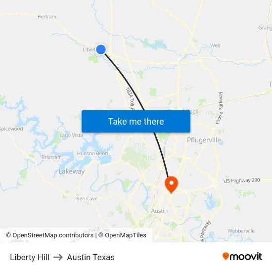 Liberty Hill to Austin Texas map