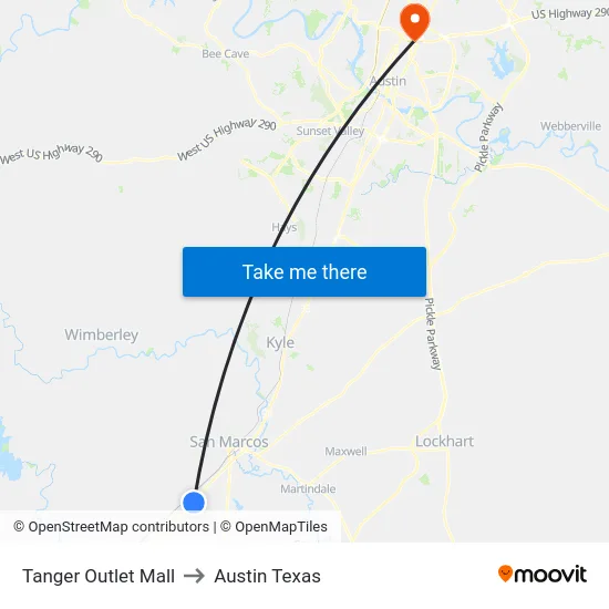 Tanger Outlet Mall to Austin Texas map