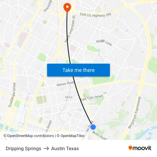 Dripping Springs to Austin Texas map