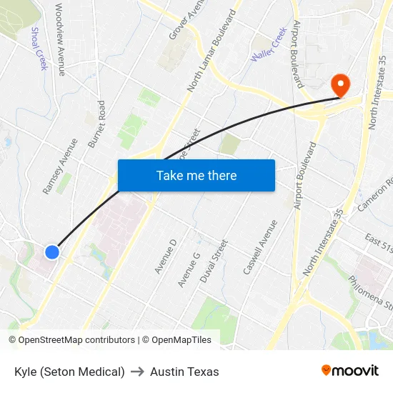 Kyle  (Seton Medical) to Austin Texas map