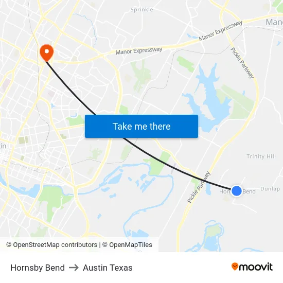 Hornsby Bend to Austin Texas map