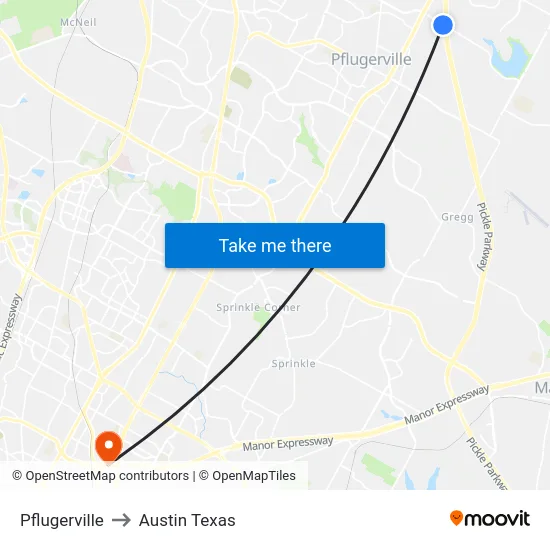 Pflugerville to Austin Texas map
