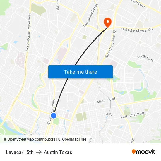 Lavaca/15th to Austin Texas map