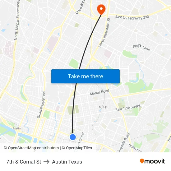 7th & Comal St to Austin Texas map