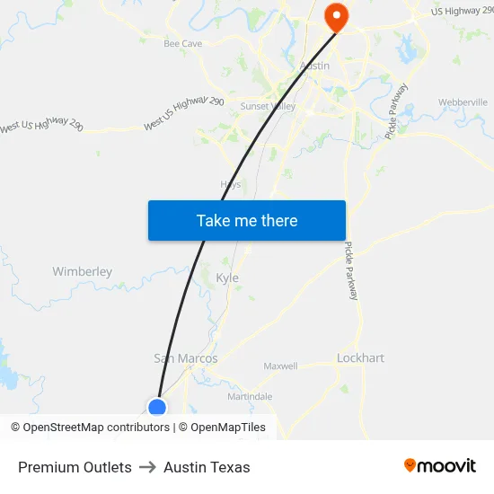 Premium Outlets to Austin Texas map