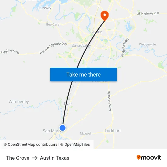 The Grove to Austin Texas map