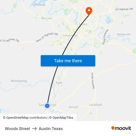Woods Street to Austin Texas map