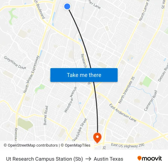 Ut Research Campus Station (Sb) to Austin Texas map