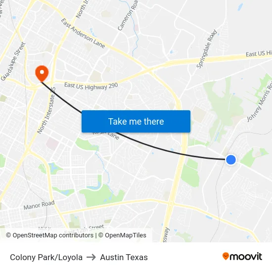 Colony Park/Loyola to Austin Texas map
